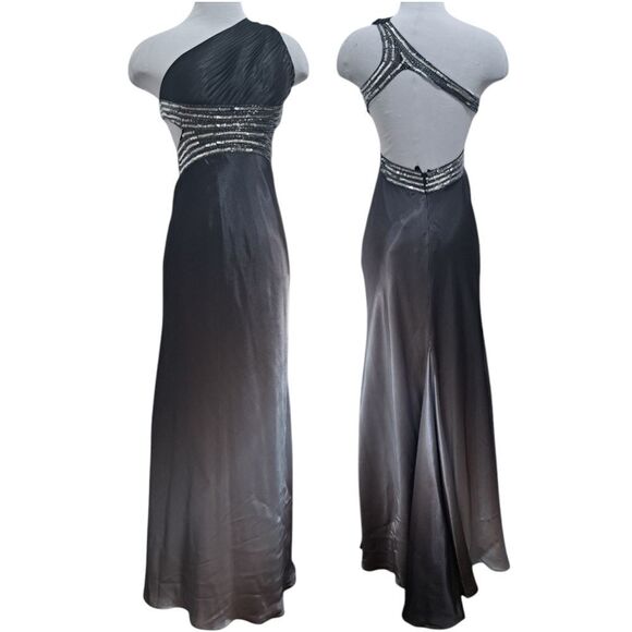 Betsy & Adam One Shoulder Sequins Beaded Cutout Ombre Maxi Dress Sz 2 Gray/Silve - Picture 1 of 14